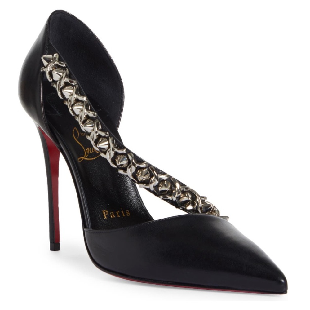 Christian LOUBOUTIN Deomina Chain Spike Pointed Toe Pump Black Leather Studs